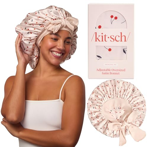 Kitsch XL Satin Bonnet for Sleeping - Softer Than Silk Bonnet For Sleeping Women - Secure Fit, Adjustable, Night Cap For Curly & Textured Hair - Prevents Breakage, Tangles & Thinning - Cherry Print
