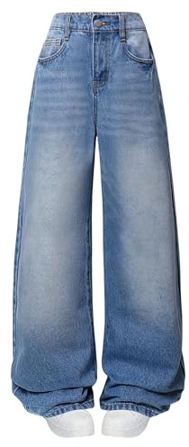 Fulihug Girls Jeans Size 10-12 Elastic Waist Wide Leg Baggy Y2K Loose Denim Pants Kids Trousers Streetwear Washed-Light Blue