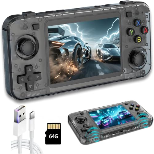 Nuova console da gioco R36H, console portatile per videogiochi con schermo IPS da 3,5, scheda integrata da 64 GB e 15.000 giochi, sistema open source Linux (nero, 64 g)