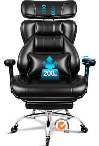 BASETBL Bürostuhl 200kg, Chefsessel mit 4-stufiger Gasdruckfeder, 3D Armlehnen, Verstellbarer Lendenstütze & Kopfstütze, Leises Gummirollen, XXL breiter Sitz, EN12520, ergonomischer Schreibtischstuhl