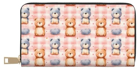 Nevjipu Dünne schlanke Geldbörse aus Leder für Damen und Herren – niedlicher Bären-B-Druck, modischer Kartenhalter mit Reißverschluss