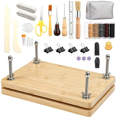 Set de encuadernación, con prensa de madera y kit completo de herramientas de encuadernación DIY, aguja y hilo, punzón, y bolsa de almacenamiento, para proyectos de encuadernación DIY