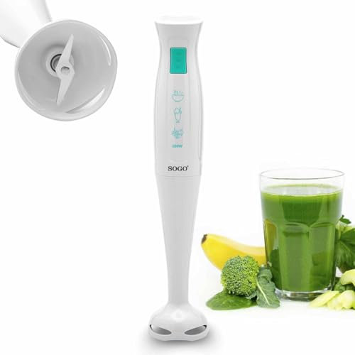 SOGO Batidora de Mano Eléctrica Multiusos con Cuchillas de acero inoxidable, Campana Antisalpicaduras, Velocidad Única, Color Blanco, Sin BPA (200W)