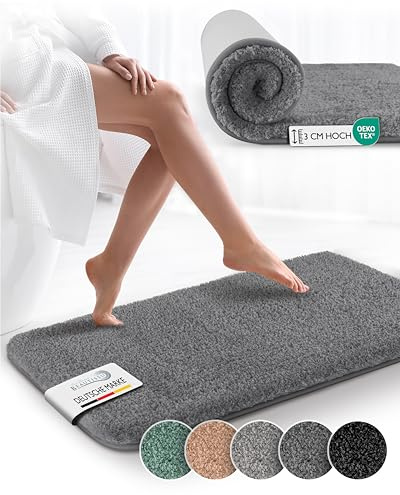 Beautissu BeauMare FL Alfombrilla Baño Antideslizante y Absorbente 80x50 cm – Alfombra Óptica Shaggy Adecuada para Suelo Radiante – Alfombrilla de Baño Antracita Mullida para Ducha, Bañera e Inodoro