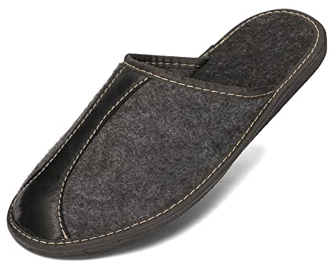 BeComfy Zapatillas de Hombre por Casa Fieltro Negro Gris Ligero Regalo Pantuflas Super Opa 40-46 EU (Negro con Cuero, Sistema tallas calzado EU, Adulto, Números, mediano, 46)