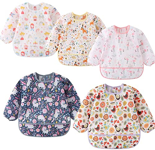 Yealoo 5 PCS Bavoirs Manches Longues Etanche Tablier d'Alimentation Enfant 6-36 Mois