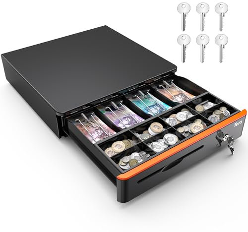 Tera Auto Open Cash Register (with 6 Keys) Till Drawer Box 4 Bill 8 Coin Cash Drawer 41 x 41 x 10 cm for POS System Removable Coin Compartment 12V RJ12 Key-Lock Media Slot for Shops Businesses 405R