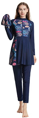 Women Muslim Swimsuit 3 Pieces Islamic Burkini Modest Swimwear Full Cover Rash Guard Long Sleeve Swim Top with Pants Hijab Swimming Costume Tankini Set Summer Beachwear Navy Blue 1 M