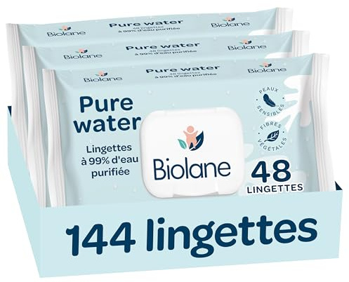 BIOLANE - Lingettes bébé nettoyantes Pure Water - 144 Lingettes - Lot de 3x48 - A l'eau Purifiée - Nettoie et protège - Corps et siège - Peaux Sensibles - Dès la naissance