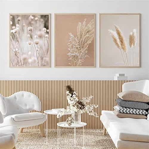 Moderna blommor canvasmålning 3 stycken set plantor väggmålningar boho beige natur pampasgräs-bilder, ingen ram. (30 x 40 cm x 3)