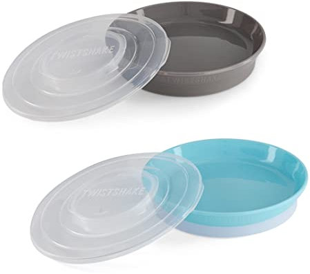 Twistshake 2x Teller | Babyteller mit luftdichtem Deckel | BPA-freier Baby-Entwöhnungsteller | Essenstrainingsteller | Lernteller für Kinder | 6 Monate+ | Neugeborenen-Essentials | Grau Blau