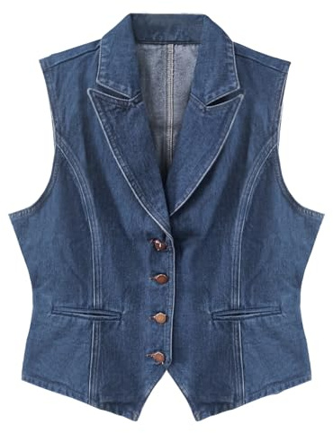 Ladyful Lapel Denim Vest for Women Sleeveless Business Work Jean Waistcoat Vest