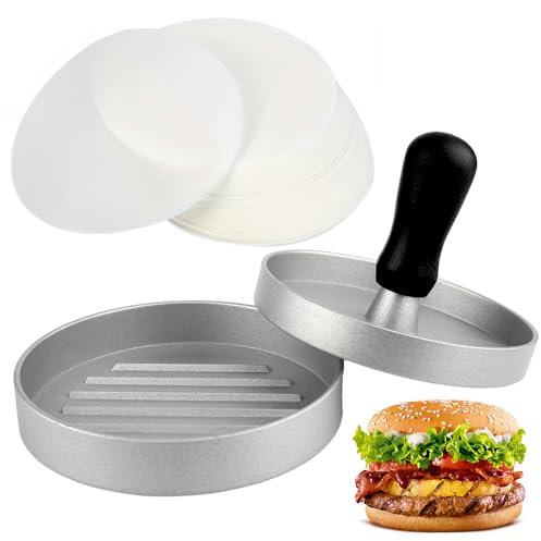 Atliberswo Pressa per hamburger con 50 fogli di carta antiaderente, macinato di manzo, macchina per carne antiaderente per barbecue, cottura al forno, hamburger ripieni, hamburger di manzo