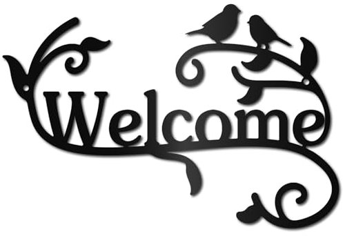 CREATCABIN Benvenuto Decorazione da Parete in Metallo Uccelli sul Ramo Decorazione da Appendere A Parete Silhouette Scultura Ornamento Cartello di Benvenuto in Ferro per Interni Ed Esterni 30x20cm