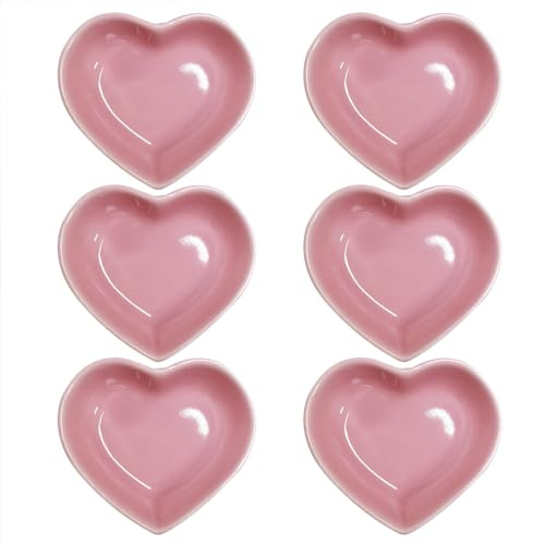 Pirhosigma 6 ciotole in ceramica rosa a forma di cuore per salsa di soia, snack e salse, 46,8 g, per cena, cottura, barbecue e cucina