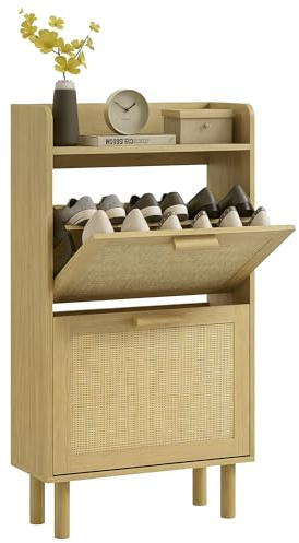 HOMCOM Zapatero Estrecho con 2 Cajones Abatibles 80x24,5x110 cm Roble