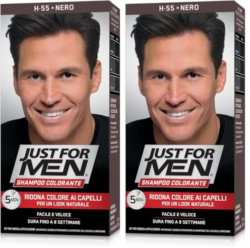 Just For Men Colorante In Gel, Tinta Semipermanente Per Capelli Uomo, Senza Ammoniaca, Con Cheratina E Vitamina E, Colore Nero, H55 (Confezione da 2)
