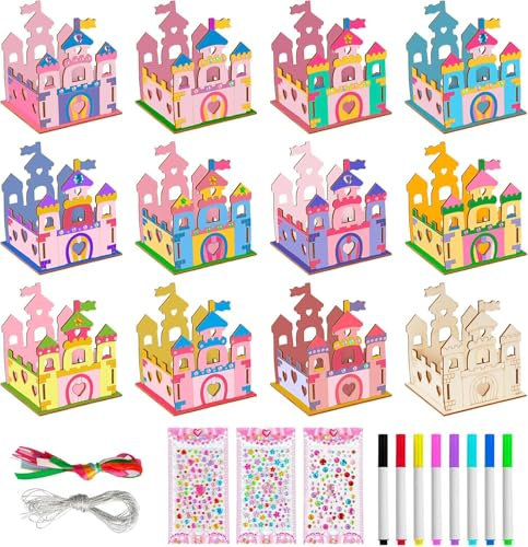 HOSSOM Holz Bastelset Kinder Mädchen, 12 Stück Prinzessin Holzschloss Bastelset, Prinzessin Bemalen Handwerk, DIY Kreativ Spielzeug für Geschenk Kindergeburtstag Basteln Mädchen 10 9 8 7 6 5 4 Jahre