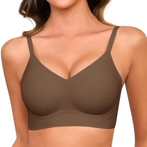 Lonya Sujetador Mujer sin Aros sin Costuras Cómodo con Soporte Cuello V Push Up Profundo Bralette Camiseta Básico Diario Suave Sostenes Cobertura Completa Tipo, Café, S