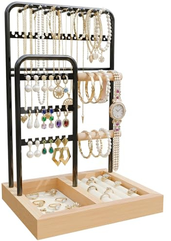 MinXin Présentoir à Bijoux Porte, 4 Étages Support à Bijoux, Organisateur de Bijoux, Présentoir Accessoires, Porte Bijoux Femme en Métal, Plateau en Velours
