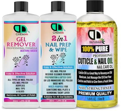 Préparation et lingette pour ongles + dissolvant pour vernis gel + huile pour cuticules et ongles 50 ml + 50 ml + 50 ml, préparation des ongles, gel UV LED, lingette de base de vernis gel, multi-usage