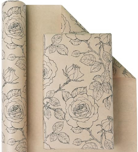 Kraft Floral Wrapping Paper Roll - 43cm x 10m, Vintage Black Rose Flower Wrapping Paper for Women Girls, Recycled Brown Gift Wrap Paper for Birthday Wedding Baby Bridal Shower Anniversaries Valentines