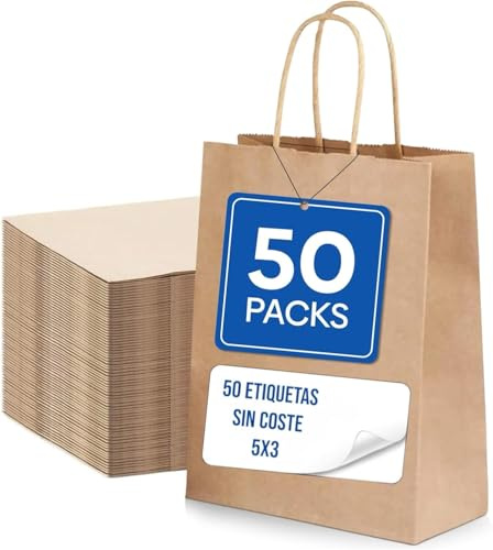 50 Bolsas Papel Kraft - Bolsas de Papel con Asas Resistentes, Perfectas como Bolsa Regalo para Cumpleaños, Negocios o para los Alimentos - Bolsas kraft Ecológicas (Marron, 24 x 11 x 32)