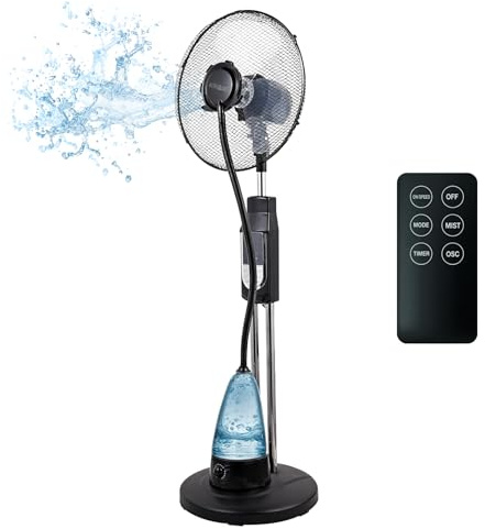 Krimex Ventilatore con Acqua Nebulizzatore Silenzioso 70 Watt con Telecomando 2 Litri Serbatoio 3 Velocità Oscillante Potente Economico