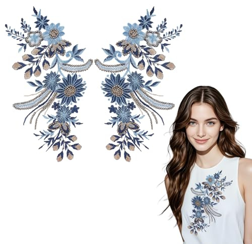 letsinstyle 1 Pair Sequin Blue Flower Embroidered Applique Patches, Sew on Embroidery Patch Floral Lace Fabric, Flowers Appliques Embellishments for DIY Wedding Clothing Repairing