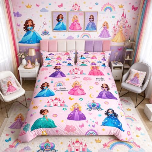 richhome Pink Princess Duvet Cover Single Size Cartoon Castle Bedding Set for Kids Decor Sweetheart Cute Comforter Cover Breathable Soft Lightweight Microfiber Cotton Bedroom Decor Bedclothes