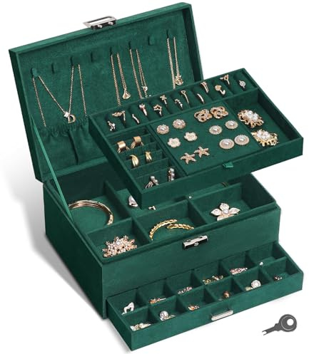 Schmuckkästchen, Schmuckkasten mit 3 Ebenen, Samt Schmuckaufbewahrung, Schmuckbox mit Schloss, Schmuckschatulle für Uhren, Ringe Ohrringe Halsketten, Geschenkidee für Mädchen Frauen (Elegantes Grün)