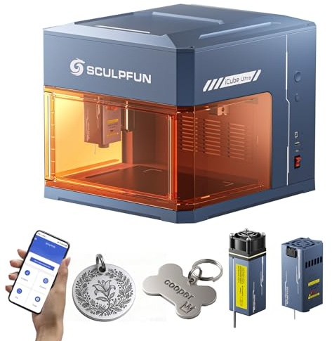 SCULPFUN iCube Ultra Dual Máquina de Grabado Láser, Láser 12W Diodo + 1.2W Infrarrojo, Grabador Láser Portátil, APP SCULPFUN, Cortadora Láser Cerrada con Filtro de Humo, Área de Trabajo 150x150mm