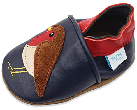 Dotty Fish Scarpe in Pelle Morbide per Bambini e Toddler – Piedi Nudi, Antiscivolo, Leggere e Flessibili, Caviglie Elastiche – Unisex Bambini e Bambine – Pettirosso 12-18 Mesi