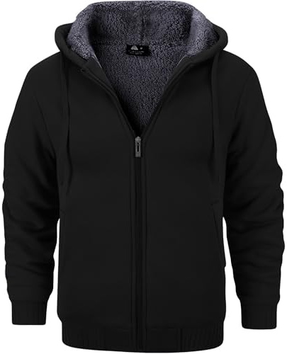 GEEK LIGHTING Men’s Fleece-Lined Zip Up Hoodie, Thick Hooded Jacket Winter Warm Athletic Sweatshirt, Pure black M