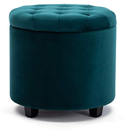 HNNHOME 45cm Round New Velvet Padded Seat Ottoman Storage Stool Box, Footstool Pouffes Chair with Lids (Teal, Velvet)