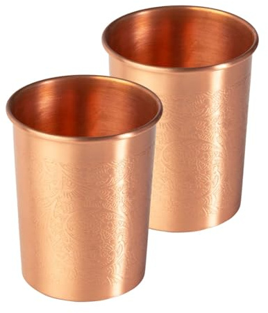 Bodhi Kupferbecher 2er Set | Ayurveda Trinkbecher aus reinem Kupfer | Trinkbecher mit 250 ml Volumen | Wasser Becher mit Design Veredelung | Langlebige Metallbecher | Ornaments