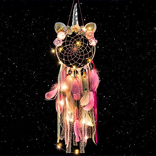 CHMMY Attrape Rêve Licorne LED,Decoration Chambre Fille Fait Main Lumineux Attrapeur de rêves Plume Tapisserie Bohémien Accueil Chambres Mur Pendaison Mariage Décoration (Dreamcatcher-1)