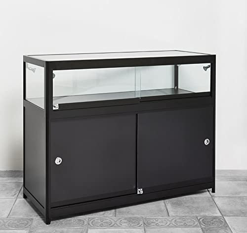 Thekenvitrine aus Glas und Holz mit LED-Beleuchtung und Schiebetüren, Vitrine schwarz B 120x H94 x T50 cm, Geschäftsvitrine Sicherheitsglas, Verkaufsvitrine 3 Ebenen abschließbar