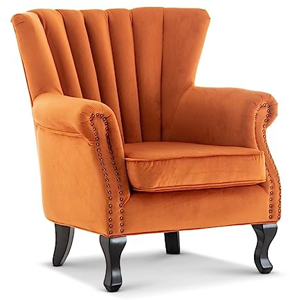 Soft Orange Velvet Classic Fireside Wingback Chair, High Back Armchair for Bedroom Living Room Corner Reading Conservatory Lounge Office, Occasional Single Accent Chair for Modern & Small Spaces