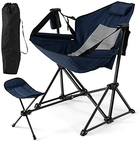 COSTWAY Hammock Camping Chair, Folding Swing Chair with Adjustable Back, Head Pillow, Cup Holder & Carry Bag, Portable Rocking Recliner for Picnic Fishing Hiking (with Retractable Footrest, Navy)