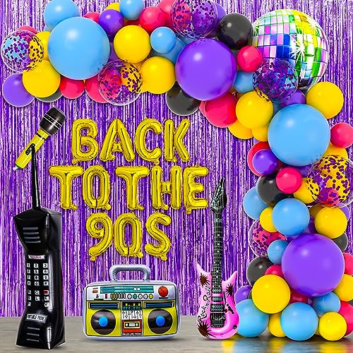 101PCS 90s Party Decorations, 90's Birthdays Party Supplies Bundle Includes Inflatable Disco Ball Radio Boom Box Retro Mobile Phone Guitar and Mobile Phone, Back to 90s Hip Hop Party Balloons Arch