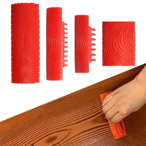 4 Piezas Herramienta de Grano de Madera, Cepillo de Rodillo de Pintura de Grano, Herramientas de Pintura de Grano para Decoración Mural DIY, Rojo