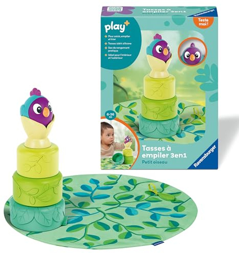 Ravensburger Play - Tasses à Empiler Bébé 3 en 1 Petit Oiseau - Jouet Empilable Bébé Silicone - Gobelet à Empiler avec Hochet - Éveil Motricité Dès 6 Mois - 34007