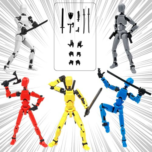 Cartlant 5Pcs T13 Action Figure Set, Titan Dummy Lucky T 13 3D Printed Model Figures, T-13 Plastic Robot Movable Anime Stop Motion Figurine Articulated Movie Poseable Boys Kids Toys with 3 Hands
