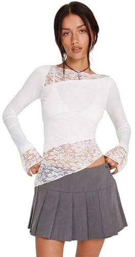 Haibang Maglietta a Manica Lunga Donna Maglia Sexy Slim Fit Y2k Crop Top con Bordo in Pizzo Patchwork Trasparente T-Shirt Girocollo Elegante Aderente Camicia Pullover Moda Clubwear Streetwear
