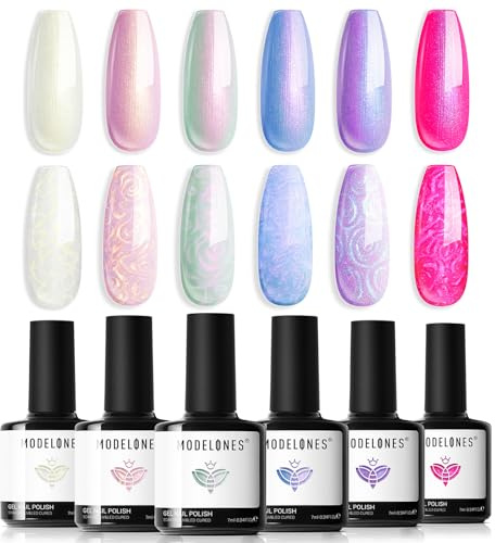 Modelones UV Nagellack Pastell 6 Farben Gel Nagellack UV Nageldesign Sets Soak Off Gel Polish für Maniküre Nageldesign, Glitzer Rosa Blau Muttertagsgeschenk Geschenke für Frauen