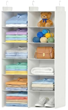 ALLTIDYUP Étagère Suspendue Pliable pour Placard – 6 Niveaux Double Rangée avec 12 Poches et 3 Crochets, Rangement Vêtements, Chaussures et Chapeaux, Structure Robuste, Gain de Place (Blanc)