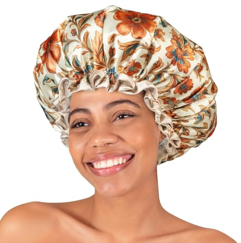 mikimini Cuffia doccia riutilizzabile e impermeabile da donna – Cuffia grande a doppio strato con cinturino regolabile, cuffia da bagno extra large con stampa romantica per capelli lunghi