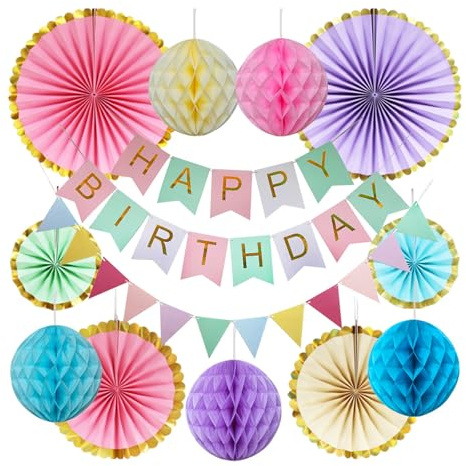 Juego de guirnaldas de cumpleaños reutilizables de colores pastel con banderines, bolas de panal y pompones para fiestas de cumpleaños para mujeres y niñas