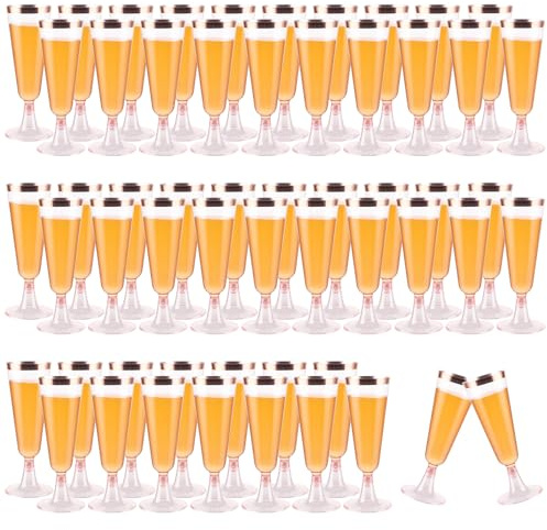 AKOLAFE 50 stycken champagneglas plast 150 ml champagneglas plast återanvändbara champagneglas rosa med gyllene kanter BPA-fri champagneglas stapelbara rosa för bröllop, födelsedagar, fester